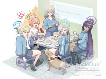 5girls ahoge akane_(blue_archive) anger_vein angry asuna_(blue_archive) bag black_hair black_halo blonde_hair blue_archive blue_eyes blue_halo blue_jacket blue_pants blue_skirt blunt_bangs blush bottle braid breasts brown_hair brown_halo cellphone chopsticks cleaning_&amp;_clearing_(blue_archive) commentary dark-skinned_female dark_skin dirty dirty_clothes dog english_commentary flat_chest food gradient_hair hair_between_eyes hair_bun hair_ornament hair_over_one_eye hair_scrunchie half_up_braid halo highres holding holding_bottle holding_chopsticks holding_phone hot_sauce jacket karin_(blue_archive) long_hair looking_down medium_breasts multicolored_hair multiple_girls neru_(blue_archive) noodles open_mouth orange_hair pants phone ponytail purple_hair purple_halo school_bag scrunchie shirt short_hair single_braid sitting skirt smile thighs toki_(blue_archive) track_jacket uncleduk very_long_hair watermark white_shirt yellow_eyes