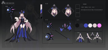 1girl absurdres ark_line arms_at_sides bare_shoulders black_background black_dress blonde_hair breasts circlet color_guide commentary_request dress earrings elbow_gloves flat_color from_behind from_side full_body gloves hand_on_own_hip high_heels highres holding holding_staff jewelry lipstick long_hair makeup medium_breasts multiple_expressions multiple_views original pink_eyes reference_sheet showgirl_skirt smile staff standing straight-on thighhighs translation_request veil very_long_hair zoom_layer