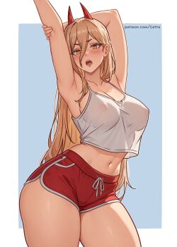 1girl absurdres arm_behind_head armpits arms_up blonde_hair breasts camisole chainsaw_man commentary covered_erect_nipples crop_top cross-shaped_pupils dolphin_shorts english_commentary hair_between_eyes highres horns large_breasts long_hair long_hair_between_eyes looking_at_viewer navel open_mouth power_(chainsaw_man) red_horns red_shorts reus_(cetta) sharp_teeth short_eyebrows short_shorts shorts simple_background solo symbol-shaped_pupils teeth very_long_hair white_camisole yellow_eyes