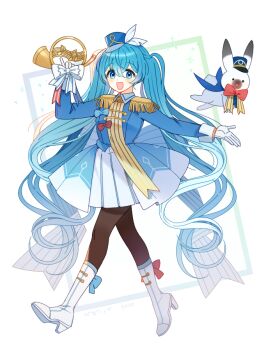 Rule 34 | 1girl, animal, aqua eyes, aqua hair, baby powder (dkdltm4), band uniform, black pantyhose, blush, boots, commentary request, epaulettes, french horn, fringe trim, full body, gloves, hair between eyes, hair ornament, hat, hat feather, hatsune miku, holding, instrument, long hair, looking at viewer, mini hat, mini shako cap, musical note, musical note print, official alternate costume, official alternate hairstyle, open mouth, pantyhose, pleated skirt, rabbit, rabbit yukine, shako cap, skirt, smile, snowflake print, twintails, very long hair, vocaloid, white boots, white gloves, white rabbit (animal), white skirt, yuki miku, yuki miku (2020)