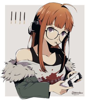 1girl ahoge behind-the-head_headphones collarbone controller cropped_torso food food_in_mouth fur-trimmed_jacket fur_trim game_controller glasses green_jacket headphones highres holding holding_controller holding_game_controller jacket long_hair orange_hair persona persona_5 playstation_controller pocky pocky_day pocky_in_mouth pppppknw purple_eyes sakura_futaba shirt sidelocks solo tank_top upper_body