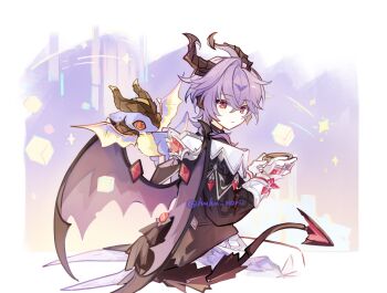 1boy absurdres black_coat black_horns black_tail closed_mouth coat cropped_legs crossed_bangs cup dragon dragon_boy dragon_horns dragon_wings dual_persona durin_(genshin_impact) facial_mark forehead_mark gem genshin_impact gloves hair_between_eyes highres holding holding_cup horns huhu_norii male_focus medium_hair mini_durin_(genshin_impact) pants pink_hair red_eyes red_gemstone single_hair_intake sitting small_dragon vision_(genshin_impact) white_gloves white_pants wings