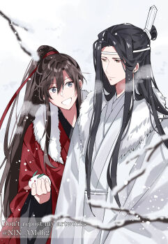 Rule 34 | 2boys, :d, alternate costume, bishounen, black hair, black hanfu, blurry, branch, brown hair, cape, chinese clothes, closed mouth, english text, fur-trimmed cape, fur trim, grey eyes, hair between eyes, hair ribbon, hanfu, headband, height difference, high ponytail, highres, holding, holding snowman, hyottokoane, lan wangji, long hair, long sleeves, looking at another, male focus, modao zushi, multiple boys, open mouth, outdoors, ponytail, red cape, red ribbon, ribbon, robe, sidelocks, smile, snow, snowing, snowman, topknot, twitter username, upper body, very long hair, watermark, wei wuxian, white cape, white hanfu, white headband, wide sleeves, winter, xiao guan (headdress), yaoi, yellow eyes