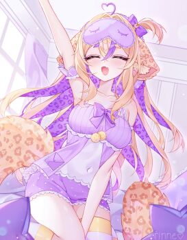 Rule 34 | 1girl, absurdres, ahoge, animal ear fluff, animal ears, artist name, babydoll, blonde hair, bow, closed eyes, collarbone, colored inner hair, commission, covered navel, fang, hair bow, heart, heart ahoge, highres, indie virtual youtuber, leopard ears, leopard girl, leopard tail, mask, mask on head, multicolored hair, open mouth, pom pom (clothes), purple babydoll, purple bow, rinne (rinne oi), romany hunh, skin fang, sleep mask, solo, streaked hair, tail, virtual youtuber