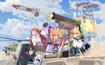 Rule 34 | 4girls, 9m133 kornet, absurdres, aiming, aircraft, animal ear headphones, animal ears, antenna, anti-tank guided missile, anti-tank missile, aris (blue archive), black hair, black hairband, blonde hair, blue archive, blue bow, blue necktie, bow, braid, cat ear headphones, cat ears, closed eyes, fake animal ears, fire, firing, forehead, game development department (blue archive), green halo, hairband, halo, headphones, helicopter, highres, jacket, long hair, medium hair, mi-8, midori (blue archive), military, missile, missile launcher, momoi (blue archive), multiple girls, necktie, orange hair, pink halo, radio tower, red bow, red hair, satellite dish, siblings, sisters, twins, white bow, xg epee, yellow halo, yuzu (blue archive)