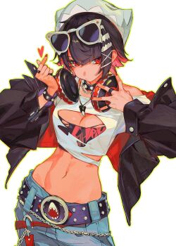 1girl belt black_belt black_hair black_jacket breasts cleavage commentary daniel_deng denim ellen_joe eyewear_on_head headphones highres jacket jeans large_breasts looking_at_viewer midriff navel pants red_eyes red_hair shirt short_hair simple_background solo torn_clothes torn_shirt white_background white_shirt zenless_zone_zero