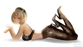 1girl artist_name ass bare_shoulders beret black_bra black_hair black_hat black_shoes blonde_hair bra breasts hat high_heels highres lace_pantyhose_hooked_on_heel_(meme) looking_at_viewer lying medium_breasts meme mer_(merrverse) mole mole_under_mouth multicolored_hair on_stomach pantyhose purple_eyes purple_lips shoes short_hair simple_background smile solo streaked_hair thighs underwear white_background yidhari_murphy zenless_zone_zero