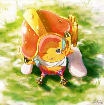 Rule 34 | 1boy, animal ears, antlers, arm up, belt, belt buckle, blue nose, brown fur, buckle, cape, deer ears, grass, helmet, highres, horns, looking at viewer, male focus, one eye closed, one piece, red helmet, reindeer antlers, reindeer boy, shorts, signature, sitting, solo, straight-on, striped clothes, striped shorts, tony tony chopper, vertical-striped clothes, vertical-striped shorts, white cape, yorumesi j