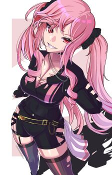 1girl absurdres belt belt_collar black_boots black_jacket blush boots breasts cleavage collar highres hololive hololive_english jacket large_breasts long_hair long_sidelocks mori_calliope mori_calliope_(gold_unbalance) official_alternate_costume open-toe_boots pink_eyes pink_hair sidelocks solevisionarts thighhighs torn_clothes torn_thighhighs twintails virtual_youtuber