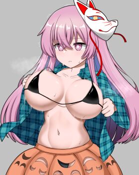 Rule 34 | 1girl, bikini, bikini under clothes, black bikini, breasts, bright pupils, collared shirt, commentary, cowboy shot, expressionless, fox mask, grey background, hata no kokoro, highres, large breasts, long hair, mask, mask on head, micro bikini, open clothes, open shirt, orange skirt, pink eyes, pink hair, plaid clothes, plaid shirt, shirt, simple background, skirt, solo, swimsuit, touhou, white pupils, zawapirori