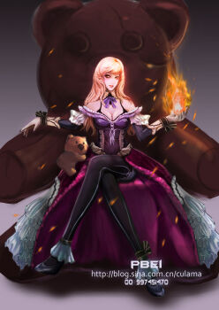 1girl aged_up annie_(league_of_legends) bare_shoulders black_pantyhose blonde_hair breasts cleavage crossed_legs dress female_focus fire highres league_of_legends lips long_hair pantyhose pbei pyrokinesis sitting solo stuffed_animal stuffed_toy teddy_bear yellow_eyes