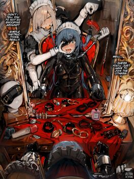 2girls alterkyon apron bdsm blindfold blonde_hair blue_eyes blue_hair bodysuit bondage bound butt_plug chain chain_leash chair collar commentary cuffs dildo_gag drooling english_commentary extra_arms female_focus femdom gag highres hitachi_magic_wand indoors latex latex_bodysuit leash looking_at_mirror maid maid_apron maid_headdress medium_hair mirror multiple_girls on_chair one_eye_covered open_mouth original orion_(alterkyon) restrained sex_toy skin_tight speech_bubble teeth ungagged vibrator wrist_cuffs yellow_eyes yuri