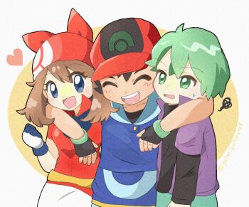 Rule 34 | 1girl, 2boys, arm around shoulder, ash ketchum, bandana, baseball cap, bike shorts, bike shorts under shorts, blue eyes, brown hair, closed eyes, commentary, drew (pokemon), fingerless gloves, gloves, green eyes, green hair, group hug, happy, hat, heart, highres, hug, jacket, looking at another, may (pokemon), multiple boys, nintendo, open mouth, pokemon, pokemon (anime), pokemon rse (anime), purple jacket, purple shirt, red bandana, red shirt, shirt, shorts, simple background, smile, t-shirt, undershirt, vest, xrqu2xk8qb47501, yellow background