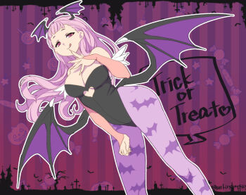 1girl alternate_costume animal_print arikindows10 arm_warmers bat_print bat_wings black_leotard breasts bridal_gauntlets candy capcom castle cleavage cosplay darkstalkers demon_girl demon_girl_(cosplay) english_text finger_to_mouth fingerless_gloves fingernails food gloves graveyard halloween head_wings jasminka_antonenko large_breasts leotard licking_lips little_witch_academia lollipop long_fingernails long_hair looking_at_viewer low_wings morrigan_aensland morrigan_aensland_(cosplay) pantyhose pink_eyes pink_hair pumpkin purple_background purple_pantyhose seductive_smile sharp_nails smile solo standing tongue tongue_out wings