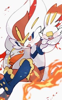 3others animal_ears blush bright_pupils cinderace closed_eyes evolutionary_line fire furry gen_8_pokemon highres multiple_others nintendo open_mouth orange_eyes pokemon pokemon_(creature) rabbit_ears rabbit_tail raboot scorbunny smile sstoh sweat tail white_pupils