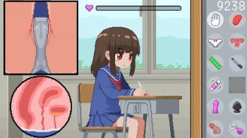 !? 1girl animated ass bibi_(pixiv2017747) blue_shirt blue_skirt blush brown_hair cameltoe chair classroom confused cross-section cursor desk disembodied_hand fingering fingering_through_clothes fingering_through_panties gameplay_mechanics loli long_hair molestation on_chair original panties partially_visible_vulva pixel_art red_eyes school_desk school_uniform serafuku shirt sitting skirt surprised tagme through_clothes underwear user_interface video white_panties window writing