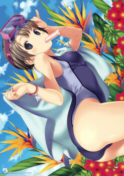 1girl black_eyes black_hair bracelet cloud cloudy_sky competition_school_swimsuit covered_erect_nipples day female_focus flower food highres ice_cream jewelry koutaro looking_at_viewer one-piece_swimsuit original outdoors red_flower school_swimsuit shiny_skin short_hair sky solo swimsuit
