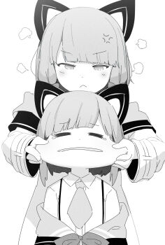 Rule 34 | 2girls, anger vein, animal ear headphones, animal ears, blue archive, blush, bow, cat ear headphones, cat ears, cheek pull, collared shirt, commentary, csham, fake animal ears, hair bow, half-closed eyes, head steam, headphones, highres, jacket, jacket partially removed, midori (blue archive), momoi (blue archive), multicolored jacket, multiple girls, necktie, shirt, short hair, siblings, sketch, tearing up, twins, two-tone jacket, v-shaped eyebrows, wavy mouth, white background