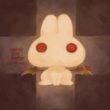 animal_focus archived_source bat_wings black_background black_wings blood commentary cross_background english_commentary english_text looking_at_viewer lowres muted_color no_mouth no_nose no_pupils original rabbit red_eyes sitting tanaka_kunihiko usa-q white_fur white_rabbit_(animal) wings