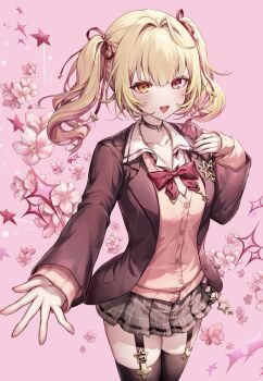 1girl black_choker black_garter_straps black_jacket black_thighhighs blonde_hair choker collared_shirt garter_straps grey_skirt hand_up heterochromia highres hoshikawa_sara hoshikawa_sara_(4th_costume) jacket komeshiro_kasu looking_at_viewer medium_hair nijisanji open_clothes open_jacket open_mouth pink_eyes school_uniform shirt skirt smile solo standing teeth thighhighs twintails upper_teeth_only virtual_youtuber yellow_eyes