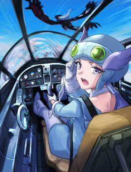 1girl absurdres aircraft airplane bird black_claws black_skin blue_sky blue_suit blue_unitard breasts claws colored_skin commentary_request flying formal_clothes gen_6_pokemon gloves goggles hand_up helmet highres interior jet legendary_pokemon long_hair long_sleeves long_tail looking_back multicolored_skin nintendo open_mouth pilot_helmet pilot_suit piloting pokemon pokemon_(creature) pokemon_oras ponytail purple_eyes purple_hair red_skin seatbelt sky solo_focus suit tail teeth two-tone_skin tytp3827 upper_teeth_only winona_(pokemon) yveltal