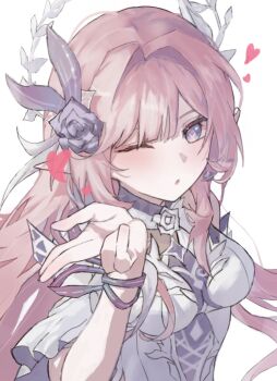 1girl blowing_kiss breasts commentary cyrene_(honkai:_star_rail) cyrene_(ripples_of_past_reverie)_(honkai:_star_rail) diamond-shaped_pupils diamond_(shape) dress flower hair_flower hair_ornament halo heart highres honkai:_star_rail honkai_(series) large_breasts looking_at_viewer nayuta_(8888_mugen) pink_hair pointy_ears purple_eyes simple_background solo symbol-only_commentary symbol-shaped_pupils white_background white_dress