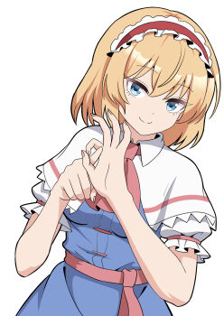 1girl absurdres alice_margatroid ascot blonde_hair blue_dress blue_eyes capelet closed_mouth commentary_request dress frilled_hairband frills hairband highres kiyo_(kiyo_mariari) looking_at_viewer pink_ascot pink_sash red_hairband sash sexually_suggestive simple_background smile solo touhou waist_sash white_background white_capelet