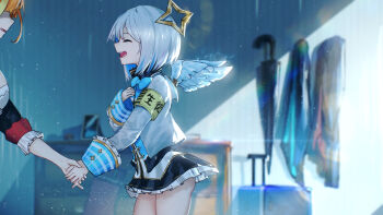 2girls absurdres advarcher amane_kanata amane_kanata_(1st_costume) angel_wings armband black_skirt blue_bow blue_bowtie blue_hair blurry blurry_background bob_cut bow bowtie breasts closed_eyes colored_inner_hair commentary_request cowboy_shot facing_another feathered_wings frilled_skirt frills from_side grey_hair grey_jacket halo hand_on_own_chest highres holding_hands hololive indoors jacket kiryu_coco kiryu_coco_(1st_costume) large_breasts long_sleeves miniskirt multicolored_hair multiple_girls open_mouth orange_hair short_hair skirt smile solo_focus standing star_halo streaked_hair virtual_youtuber white_wings wings yellow_armband