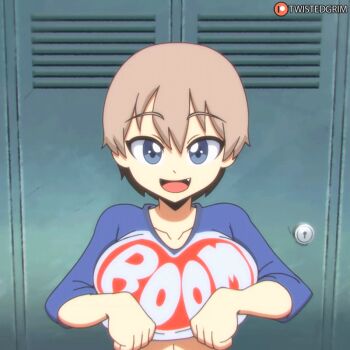 1girl animated animated_gif bikini bikini_top_only bikini_under_clothes blue_eyes bouncing_breasts breasts cleavage clothes_lift clothes_writing deep_skin double_middle_finger fang flashing front-tie_bikini_top front-tie_top grey_hair hair_between_eyes huge_breasts locker looking_at_viewer middle_finger navel open_mouth shirt_lift short_hair smile solo swimsuit teasing twistedgrim underboob uzaki-chan_wa_asobitai! uzaki_hana