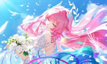 1girl artist_name bare_shoulders bird blue_hair blue_sky bouquet breasts closed_mouth cloud cyrene_(honkai:_star_rail) cyrene_(ripples_of_past_reverie)_(honkai:_star_rail) day dress duplicate falling_petals flower from_side gradient_hair hair_ornament highres holding holding_bouquet honkai:_star_rail honkai_(series) large_breasts long_hair looking_at_viewer looking_to_the_side mihan_(mihan_art) multicolored_hair outdoors petals pink_hair pixel-perfect_duplicate pointy_ears purple_eyes sidelocks sky solo symbol-shaped_pupils upper_body watermark white_bird white_dress wind