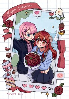 2girls artist_name black_dress black_jacket black_pantyhose blue_eyes blue_sweater blush bouquet bow cake cake_slice chiyoda_momo chocolate chocolate-covered_food closed_mouth collared_shirt commentary_request dress flower food fruit hand_on_another's_waist happy_valentine heart holding holding_bouquet jacket long_hair looking_at_viewer machikado_mazoku multiple_girls ocean outdoors pants pantyhose pinafore_dress pink_bow pink_flower pink_hair purple_shirt rajin red_eyes red_flower red_hair red_rose rose shirt short_hair sleeveless sleeveless_dress smile sparkle spoken_heart strawberry sweater valentine white_flower white_pants yoshida_yuuko yuri