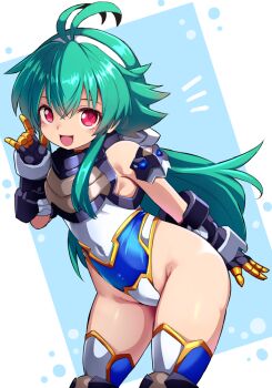 1girl :d \m/ antenna_hair armor bare_shoulders black_gloves blue_thighhighs breastplate commentary_request covered_navel gloves green_hair groin hair_between_eyes hairband highleg highleg_leotard karukan_(monjya) leotard long_hair looking_at_viewer open_mouth pink_eyes shinrabanshou shizuku_(shinrabanshou) sidelocks smile solo thighhighs very_long_hair white_hairband white_leotard