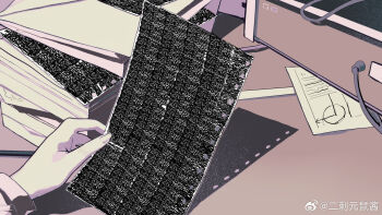 1girl cable corallo fingernails hand_focus hand_on_table highres holding holding_paper ink len'en long_sleeves monitor object_focus paper paper_stack shadow shitodo_hoojiro solo watermark weibo_watermark white_sleeves