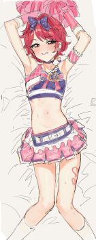 Rule 34 | 1girl, armpit crease, armpits, cheerleader, flat chest, highres, midriff, navel, pink hair, pom pom (cheerleading), pom pom (clothes), ribbon, short hair, skirt, stomach, suisogenshi