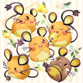 alternate_color berry_(pokemon) commentary_request dedenne flower food fruit gen_6_pokemon leaf lemon nintendo no_humans one_eye_closed open_mouth pokemon pokemon_(creature) pokemon_focus shiny_and_normal shiny_pokemon signature sitrus_berry smile squirrel_417 tongue tongue_out