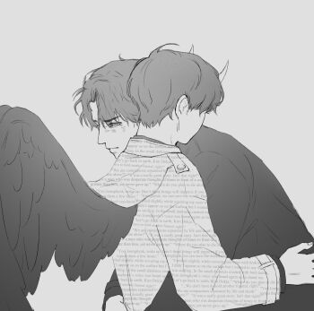 2boys arm_around_waist black_eyes black_hair black_wings clothes_writing demon_horns dokjasepilogue feathered_wings greyscale hand_on_another&#039;s_back highres horns hug kim_dokja male_focus monochrome multiple_boys omniscient_reader&#039;s_viewpoint short_hair wings yoo_joonghyuk