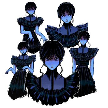 1girl absurdres artist_name black_dress black_hair closed_mouth collared_dress dress frilled_dress frills hair_between_eyes highres lemolunes long_dress looking_at_viewer looking_to_the_side multiple_views sidelocks solo swept_bangs the_addams_family upper_body wednesday_(netflix) wednesday_addams white_background