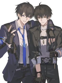 2boys absurdres ananta arm_over_shoulder black_gloves black_hair black_jacket black_pants blue_eyes blue_jacket blue_necktie closed_mouth collared_shirt commentary cowboy_shot crossover english_commentary fingerless_gloves gloves grey_shirt hand_up highres jacket look-alike loose_necktie male_focus male_protagonist_(ananta) male_rover_(wuthering_waves) marti_31 multiple_boys necktie open_clothes open_jacket pants parted_lips pouch rover_(wuthering_waves) shirt shirt_tucked_in simple_background sleeves_rolled_up smile tacet_mark_(wuthering_waves) thumbs_up v white_background white_shirt wuthering_waves yellow_eyes