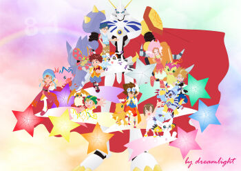 3girls 5boys absurdres angemon birdramon digimon digimon_(creature) fdreamlight garurumon glasses greymon highres ikkakumon ishida_yamato izumi_koshiro kabuterimon kido_jo multiple_boys multiple_girls omegamon tachikawa_mimi tailmon takaishi_takeru takenouchi_sora togemon yagami_hikari yagami_taichi