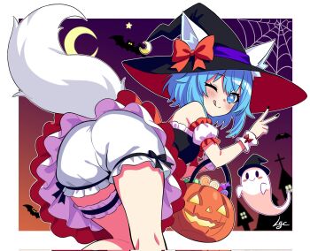 1girl ;q adapted_costume animal_ear_fluff animal_ears ass bare_legs bare_shoulders basket bat_(animal) bent_over black_dress black_hat black_nails bloomers blue_eyes blue_hair blush blush_stickers border bow breasts candy closed_mouth commentary corrupted_twitter_file crescent crescent_moon detached_sleeves double-parted_bangs dress english_commentary feet_out_of_frame food frilled_dress frilled_sleeves frilled_thigh_strap frills from_behind furry furry_female ghost glowing glowing_eyes gradient_sky hair_between_eyes halloween halloween_bucket hand_up hat hat_bow hat_ribbon highres holding holding_basket indie_virtual_youtuber jack-o&#039;-lantern lgcrx lollipop looking_at_viewer looking_back medium_breasts moon multicolored_dress nail_polish one_eye_closed orange_bow orange_dress orange_sky outdoors outline outside_border petticoat puffy_detached_sleeves puffy_sleeves purple_ribbon purple_sky ribbon short_hair signature sky smile solo spider_web_background split_mouth star-shaped_pupils star_(symbol) sweets swirl_lollipop symbol-shaped_pupils tail thigh_strap tongue tongue_out two-tone_background two-tone_dress underwear v virtual_youtuber white_bloomers white_border white_sleeves white_tail white_wrist_cuffs witch witch_hat wolf_ears wolf_girl wolf_tail wolfychu wrist_cuffs