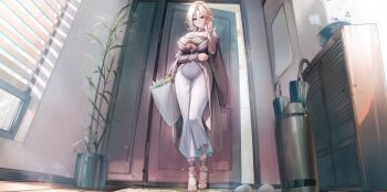 1girl absurdres bag bare_shoulders blonde_hair blush breasts cabinet cleavage clothing_cutout clothing_request commentary covered_groin covered_navel door dress elbow_carry feet from_below full_body grey_dress hand_in_own_hair hand_up high_heel_sandals highres holding holding_bag indoors large_breasts large_variant_set legs light_particles long_dress long_hair long_sleeves looking_at_viewer lrrer mole mole_under_mouth multicolored_hair off-shoulder_dress off_shoulder open_door original parted_bangs parted_lips plant pointy_ears potted_plant purple_eyes rug sandals sidelocks solo standing streaked_hair thighs toes umbrella umbrella_stand underboob underboob_cutout variant_set white_streaks window window_blinds