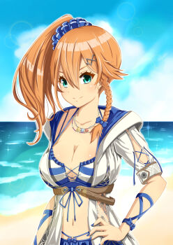 1girl beach blue_eyes blue_sky braid breasts cleavage cloud double-parted_bangs hair_between_eyes hair_ornament hairpin hand_on_own_hip highres karja_balta large_breasts light_rays long_hair looking_at_viewer midriff nail_polish navel ocean outdoors ponytail short_sleeves side_ponytail sky smile solo sunbeam sunlight ys ys_x:_nordics zhang_woo_rong