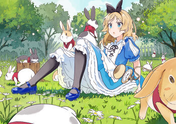 1girl alice&#039;s_adventures_in_wonderland alice_(alice_in_wonderland) apron black_pantyhose blonde_hair bloomers blue_dress blue_eyes breasts day dress field flower frilled_dress frills full_body grass long_hair looking_at_animal nature on_grass original outdoors pantyhose pocket_watch puffy_short_sleeves puffy_sleeves rabbit short_sleeves sitting sky small_breasts solo tree underwear wakuseiy watch white_apron white_flower