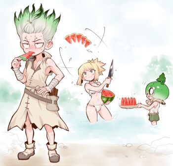 1boy 2girls blonde_hair blue_eyes blush dr._stone eating food fruit fundoshi gradient_hair green_hair holding holding_food holding_knife ishigami_senkuu japanese_clothes knife kohaku_(dr._stone) multicolored_hair multiple_boys multiple_girls navel ninomae_gin ponytail popsicle shorts smile suika_(dr.stone) topknot wading water watermelon watermelon_bar watermelon_slice