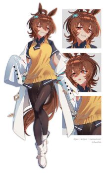 1girl :d absurdres agnes_tachyon_(tach-nology)_(umamusume) agnes_tachyon_(umamusume) ahoge aki'z animal_ears black_necktie black_pantyhose black_shirt boots breasts brown_hair character_name coat collared_shirt earrings full_body grin hair_between_eyes highres horse_ears horse_girl horse_tail huge_ahoge jewelry lab_coat long_sleeves looking_at_viewer medium_breasts medium_hair multiple_views necktie off_shoulder open_mouth pantyhose red_eyes shirt short_necktie short_sleeves single_earring sleeves_past_fingers sleeves_past_wrists smile sweat sweater_vest tail test_tube twitter_username umamusume white_boots white_coat yellow_sweater_vest