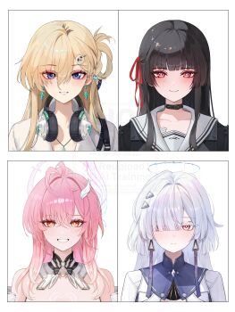 Rule 34 | 4girls, absurdres, aemeath (wuthering waves), black choker, black hair, blonde hair, blush, bubble99, chisa (wuthering waves), choker, closed mouth, collarbone, colored eyelashes, commentary request, earrings, grey hair, hair between eyes, hair ornament, hair ribbon, halo, headphones, headphones around neck, highres, jewelry, korean commentary, long hair, looking at viewer, lynae (wuthering waves), mornye (wuthering waves), multiple girls, orange eyes, pink hair, portrait, red eyes, red ribbon, ribbon, sailor collar, shirt, smile, star-shaped pupils, star (symbol), star earrings, straight-on, symbol-shaped pupils, triangle earrings, white sailor collar, white shirt, wuthering waves