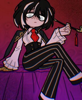 Rule 34 | 1girl, black coat, black corset, black hair, black pants, black shoes, closed mouth, coat, coat on shoulders, collared shirt, corset, crossed legs, frilled sleeves, frills, frown, grey eyes, holding, holding smoking pipe, kiseru, long sleeves, looking at viewer, moses (project moon), multicolored hair, necktie, pants, pinstripe pants, pinstripe pattern, project moon, red necktie, shirt, shoes, short hair, sitting, smoking pipe, solo, streaked hair, tassel, the distortion detective, two-tone hair, vaspa thief, white hair, white shirt, white streaks, wing collar