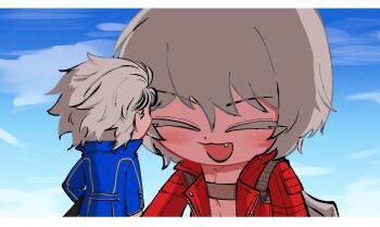 2boys abs absurdres blue_coat blush brothers chest_strap closed_eyes cloud coat collared_coat colored_eyelashes dante_(devil_may_cry) devil_may_cry devil_may_cry_(series) devil_may_cry_3 dot_nose fang giant hair_slicked_back highres letterboxed long_sleeves male_focus mauli0889 multiple_boys open_clothes open_coat open_mouth popped_collar red_coat short_hair siblings size_difference sky standing tomodachi_life tomodachi_life:_living_the_dream twins unzipped vergil_(devil_may_cry)