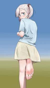 1girl barefoot blue_eyes chanto_suenai_kyuuketsuki-chan feet highres ishikawa_luna long_hair looking_at_viewer looking_back parted_lips pointy_ears shirow_(mha03133) soles toes twintails white_hair