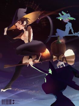 3girls :o absurdres animal_ears artist_name ass black_hat breasts broom broom_riding brown_hair flying from_side furry furry_female hat highres looking_at_another medium_breasts monkey_ears monkey_girl monkey_tail multiple_girls night nipples orange_hat original outdoors pita-potato shiny_skin short_hair solo_focus tail two-tone_hat witch witch_hat ych_commission